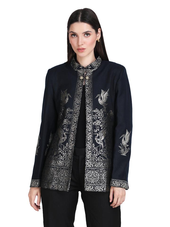Navy Blue Zari Embroidered Statement Open-Front Jacket - 109