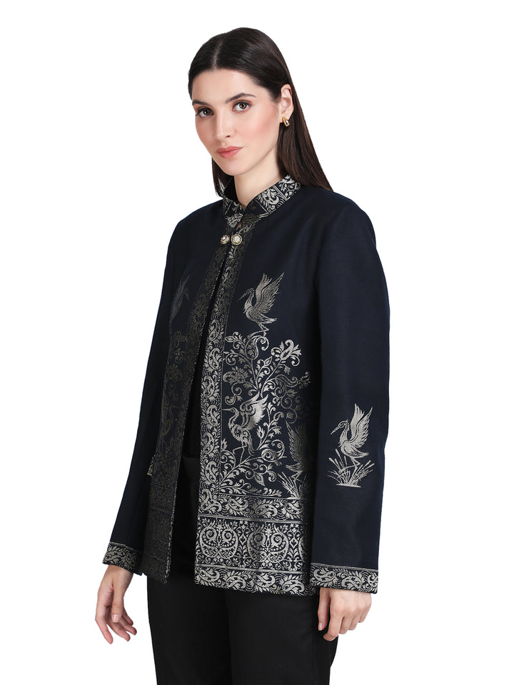 Navy Blue Zari Embroidered Statement Open-Front Jacket - 109