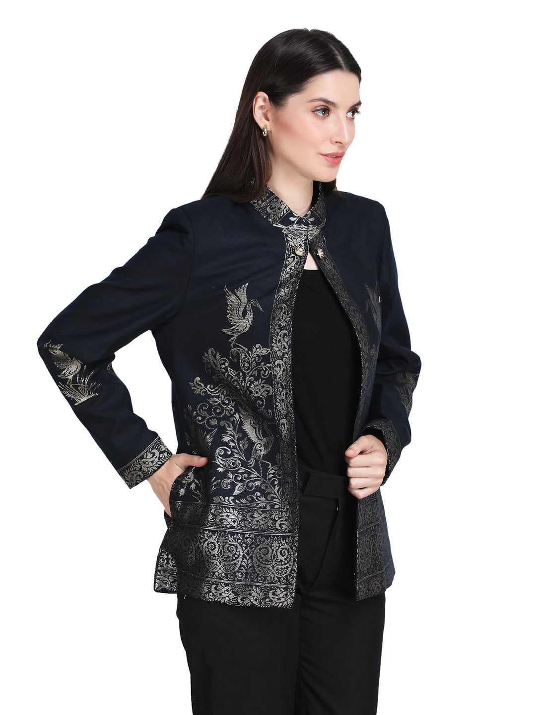 Navy Blue Zari Embroidered Statement Open-Front Jacket - 109
