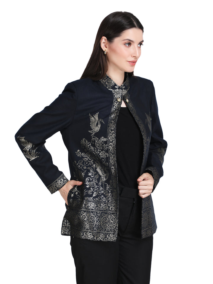 Navy Blue Zari Embroidered Statement Open-Front Jacket - 109