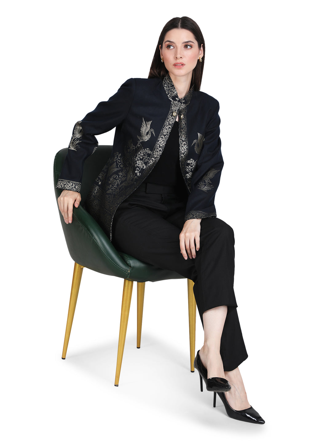 Navy Blue Zari Embroidered Statement Open-Front Jacket - 109