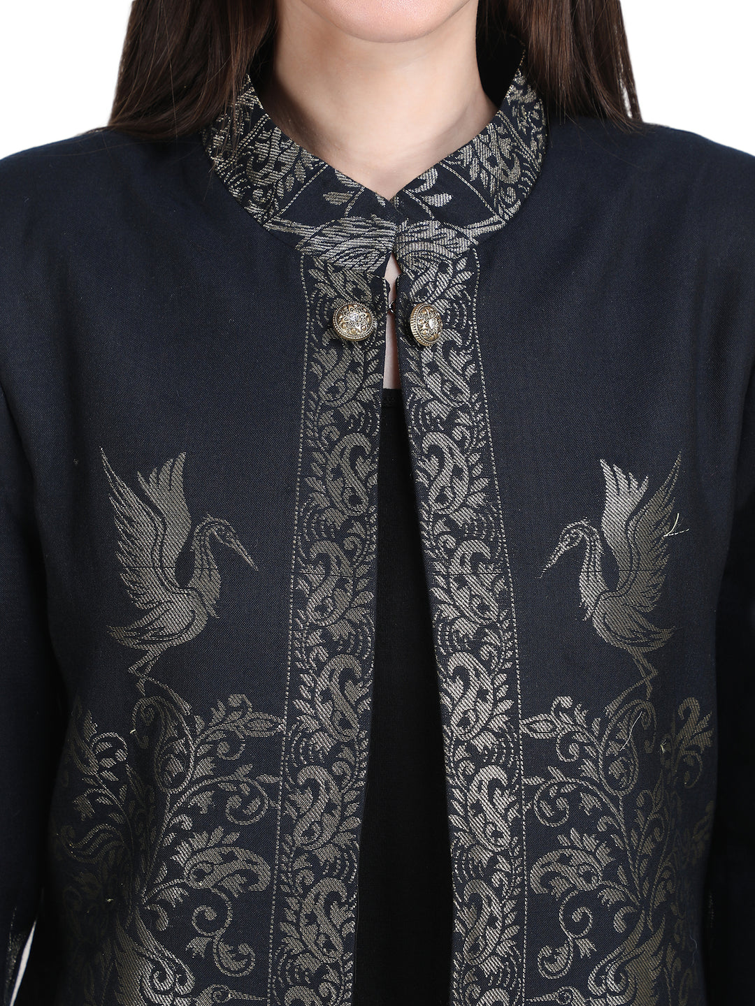 Navy Blue Zari Embroidered Statement Open-Front Jacket - 109