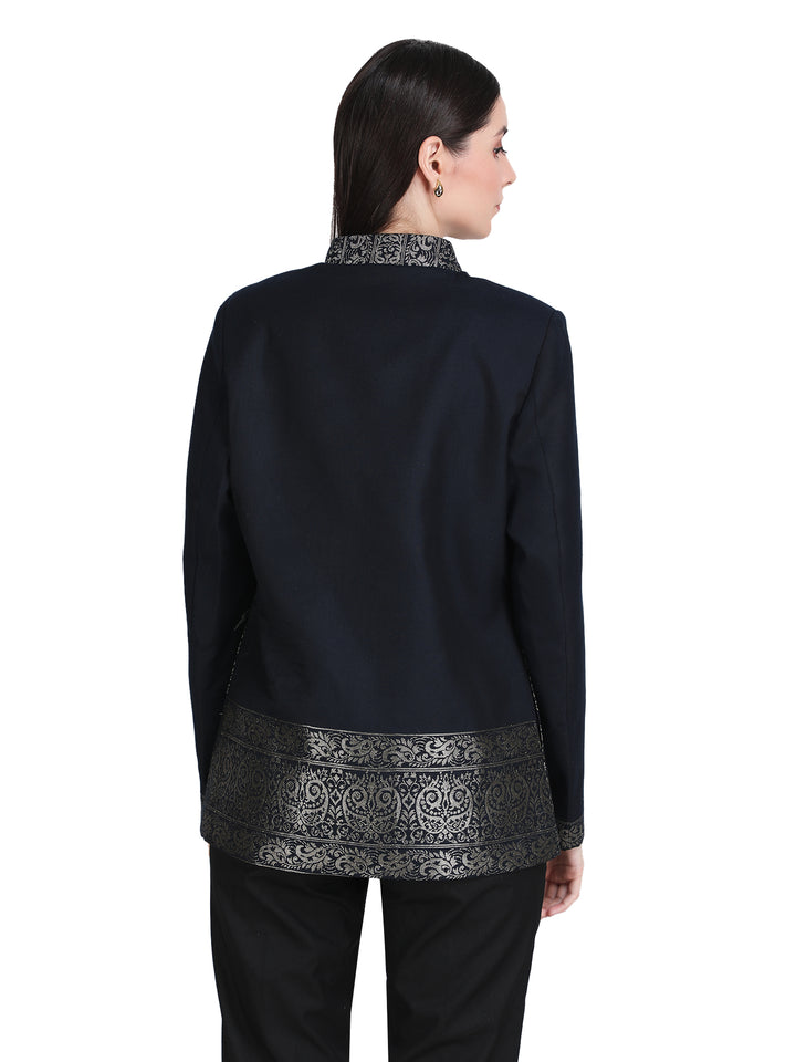 Navy Blue Zari Embroidered Statement Open-Front Jacket - 109