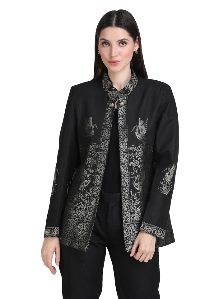 Black Zari Embroidered Statement Open-Front Jacket - 110
