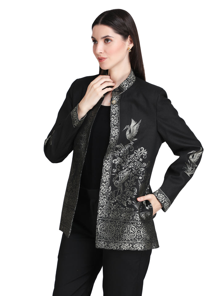 Black Zari Embroidered Statement Open-Front Jacket - 110
