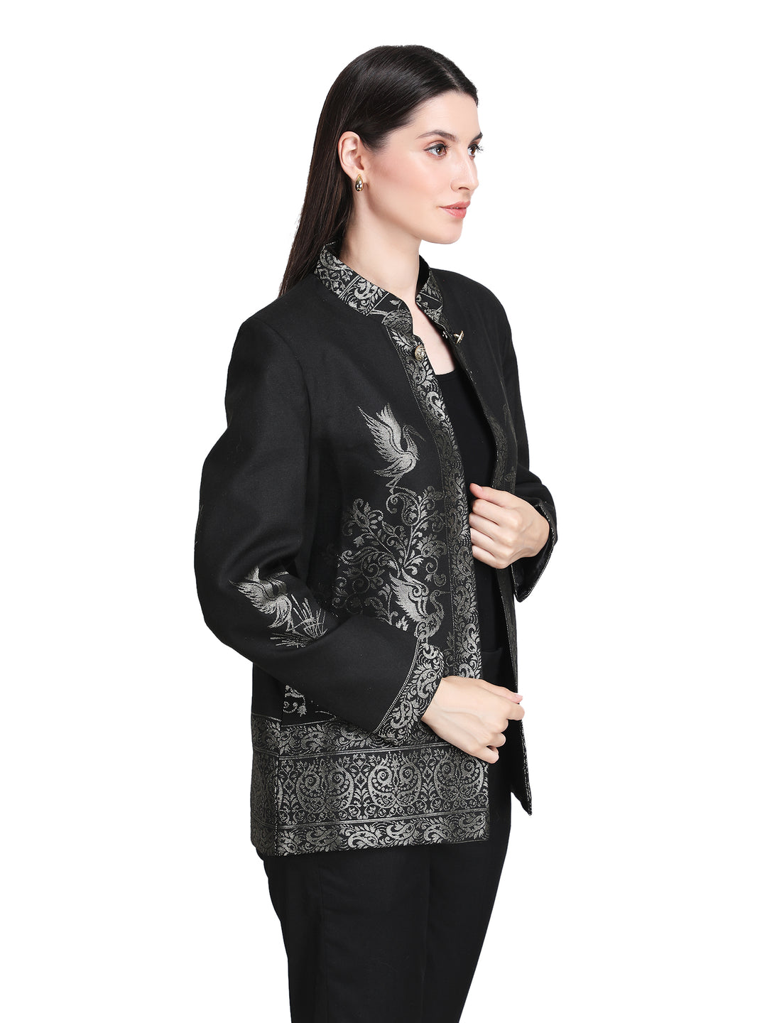 Black Zari Embroidered Statement Open-Front Jacket - 110