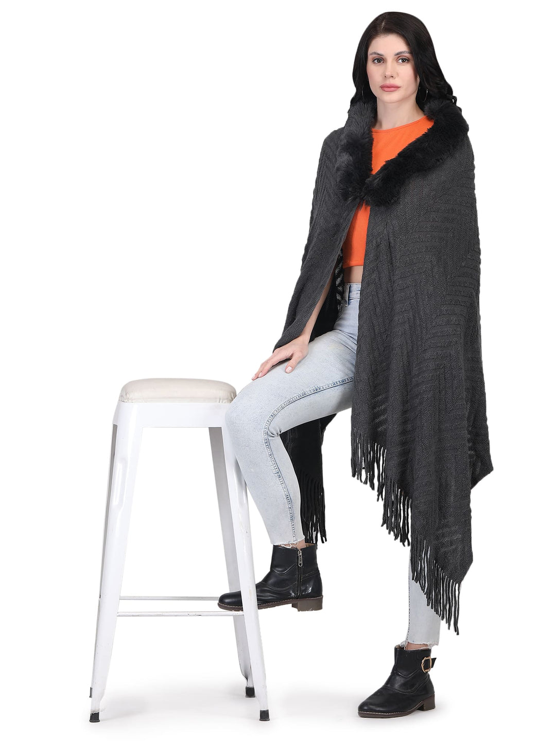 Chevron Fur Collar Poncho- 129 - Dark Grey