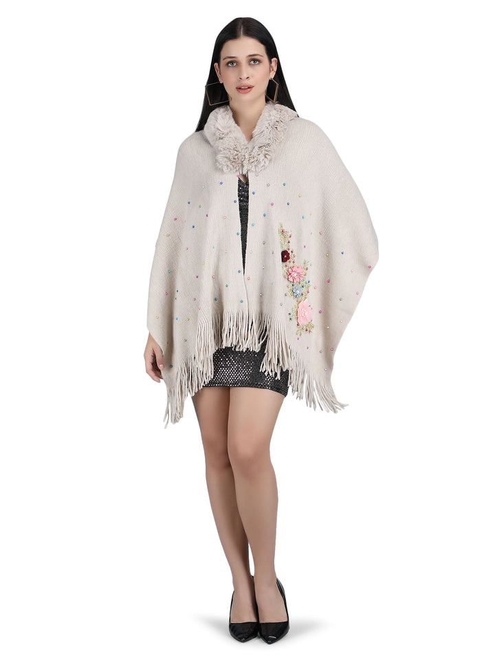 Grey Floral Embroidery Fur Collar Poncho- 136 (Free Size)