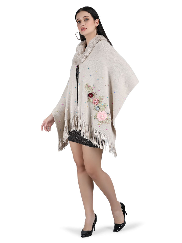 Grey Floral Embroidery Fur Collar Poncho- 136 (Free Size)