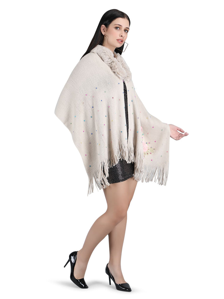 Grey Floral Embroidery Fur Collar Poncho- 136 (Free Size)