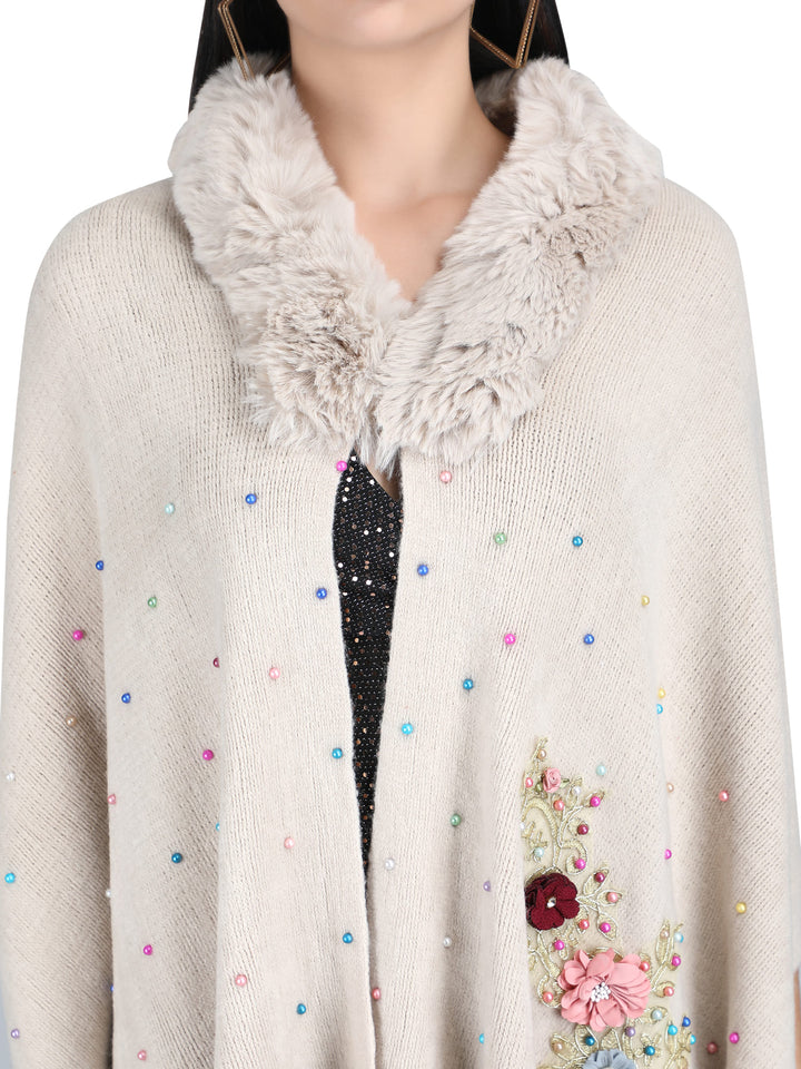 Grey Floral Embroidery Fur Collar Poncho- 136 (Free Size)