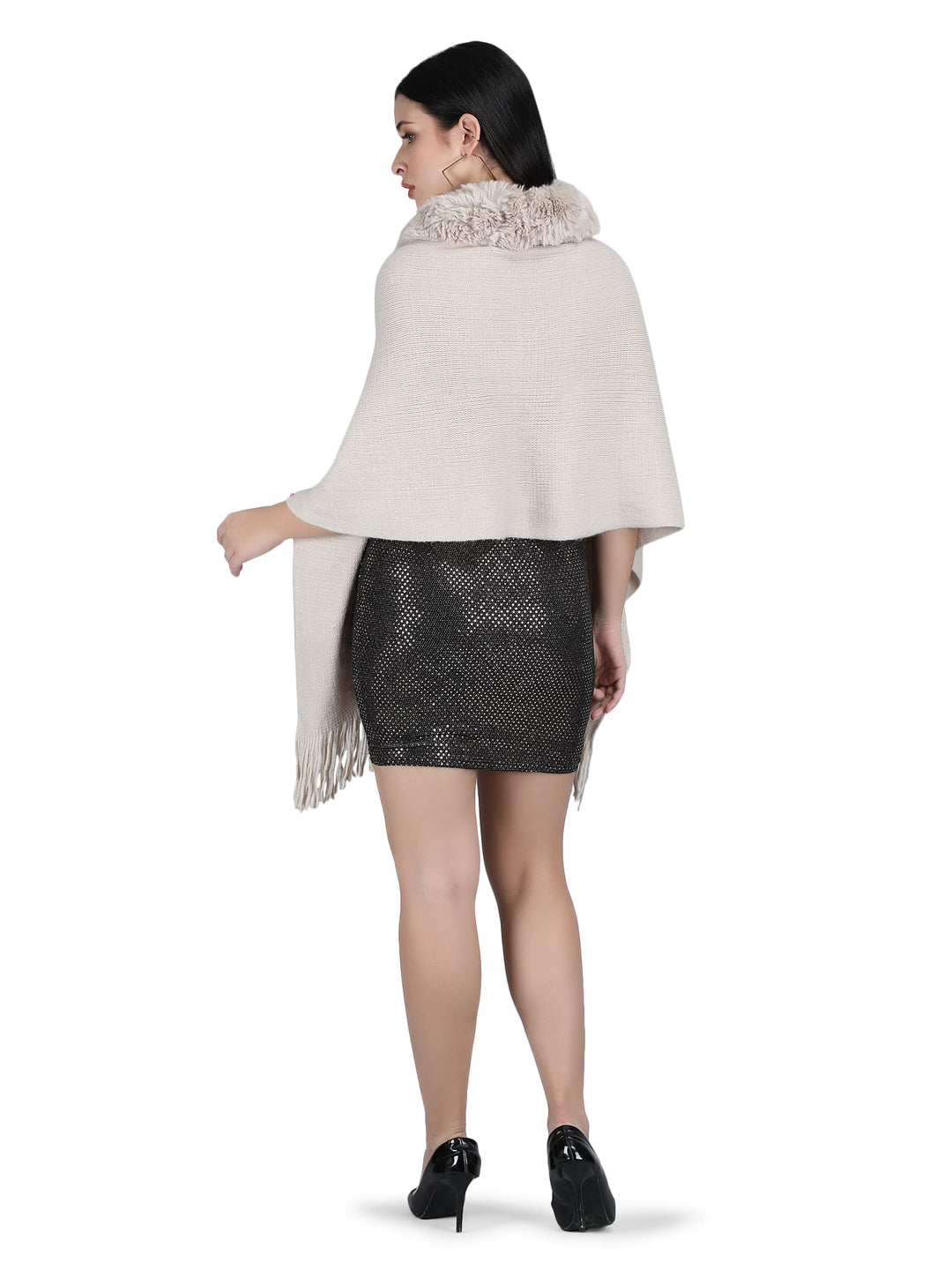 Grey Floral Embroidery Fur Collar Poncho- 136 (Free Size)