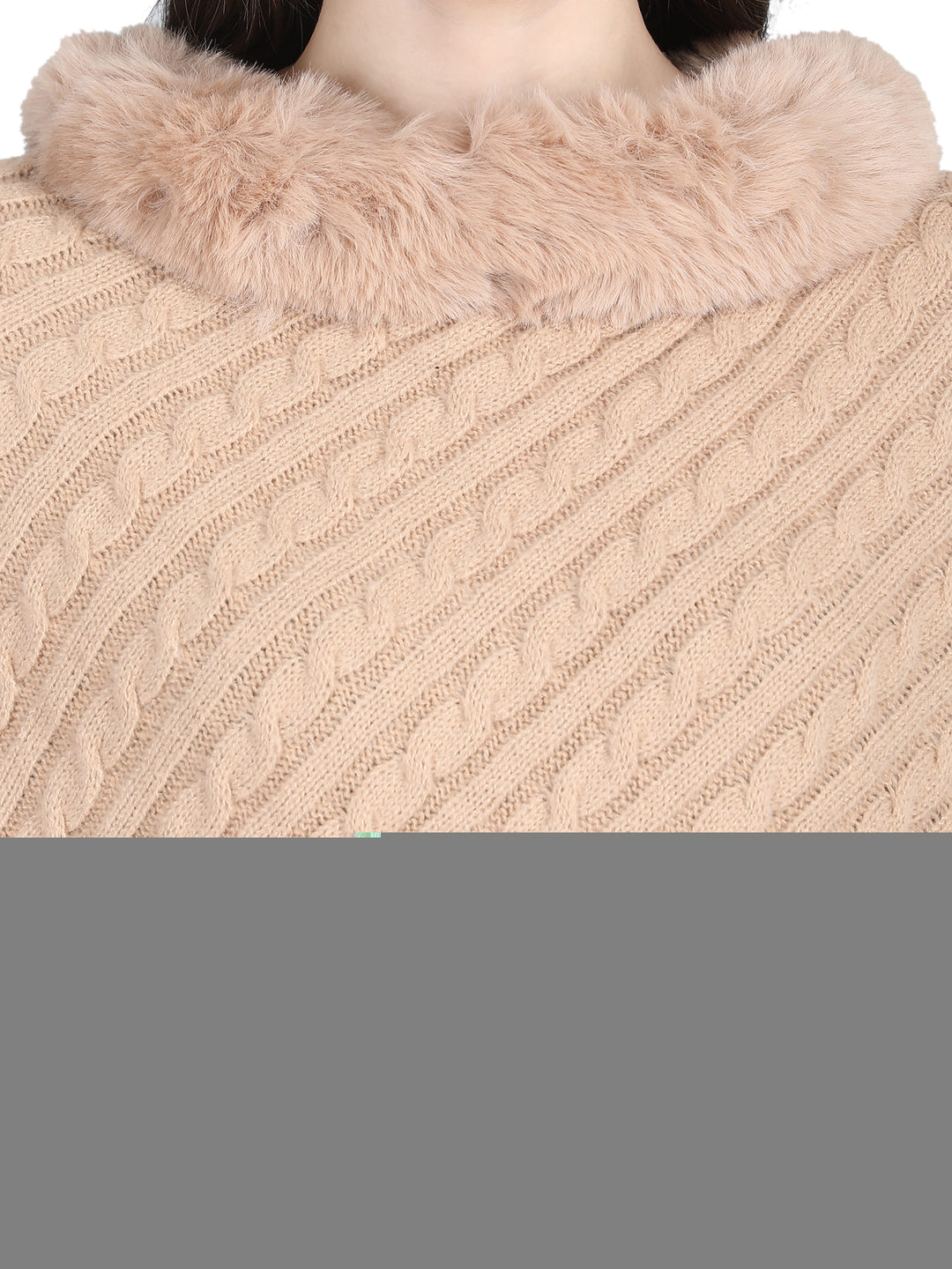 Beige Knitted Fur Collar Poncho - 138  (Free Size)