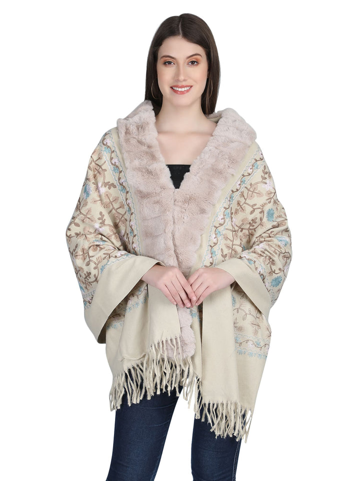 Beige Aari Embroidery & Crystals Fur Collar Poncho - 142