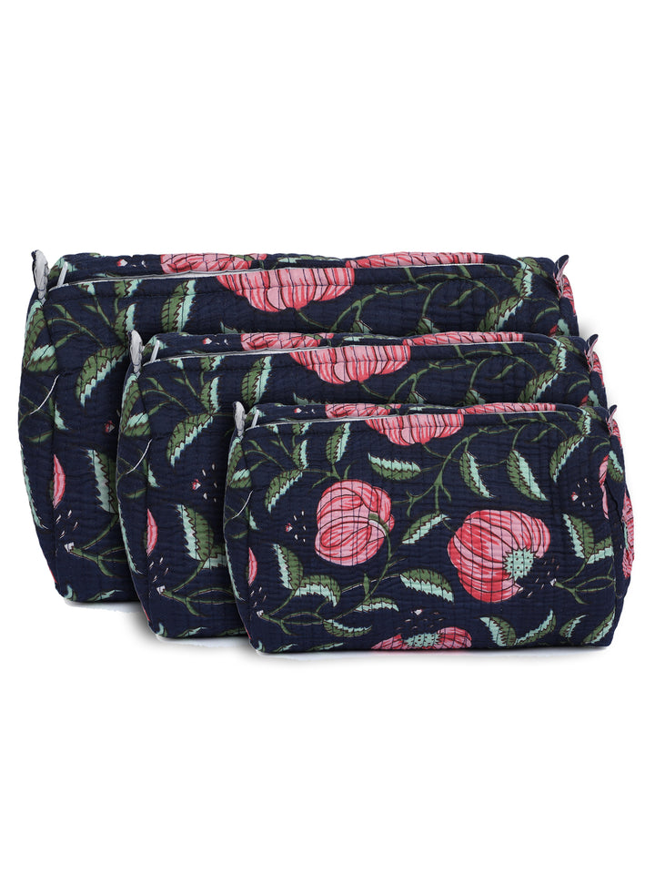Quilted Hand-Block Printed Travel Organiser Set of 3 — Navy Rose- 100