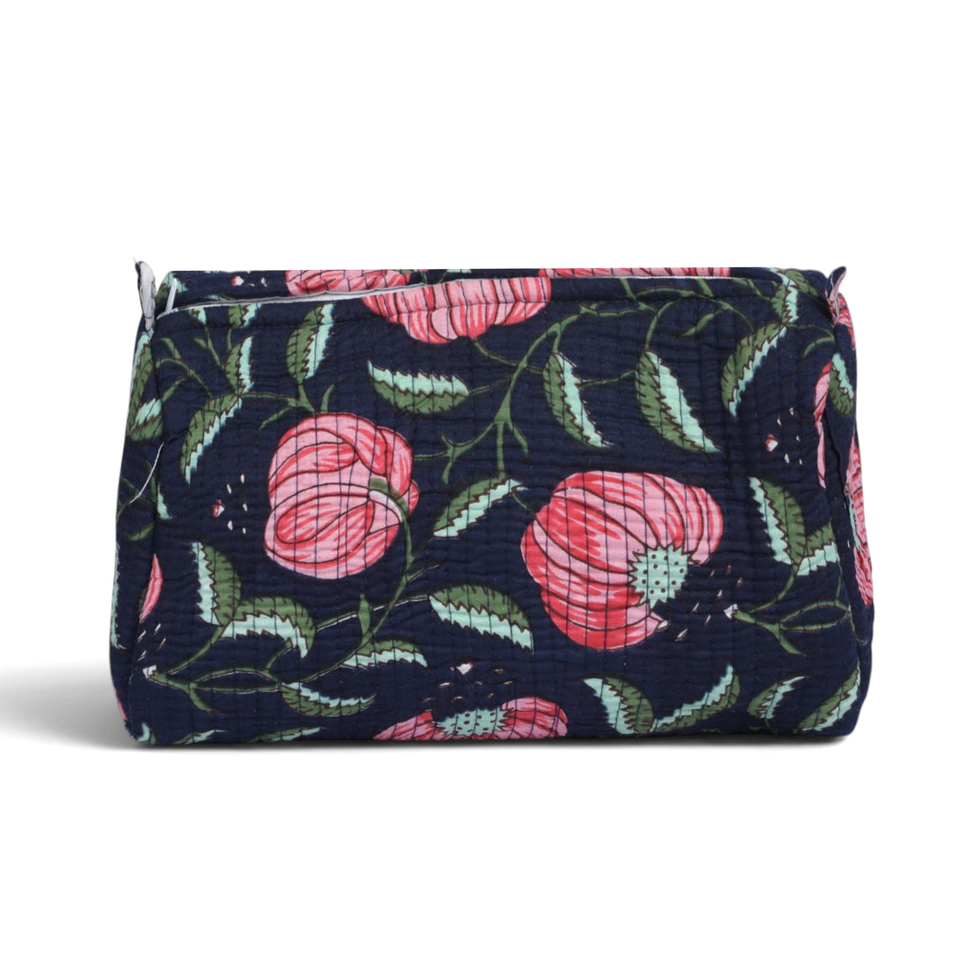 Quilted Hand-Block Printed Travel Organiser Set of 3 — Navy Rose- 100