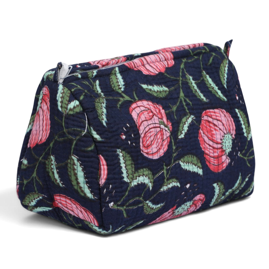 Quilted Hand-Block Printed Travel Organiser Set of 3 — Navy Rose- 100