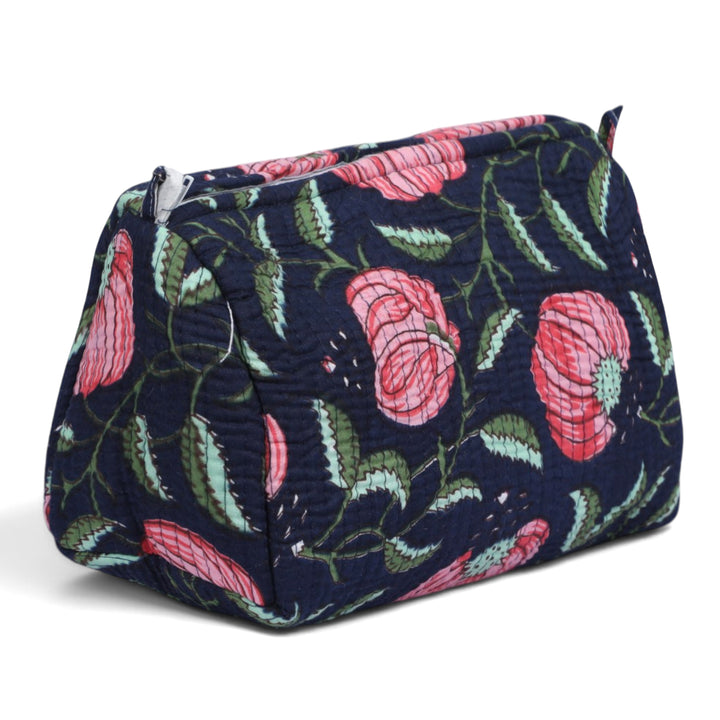 Quilted Hand-Block Printed Travel Organiser Set of 3 — Navy Rose- 100