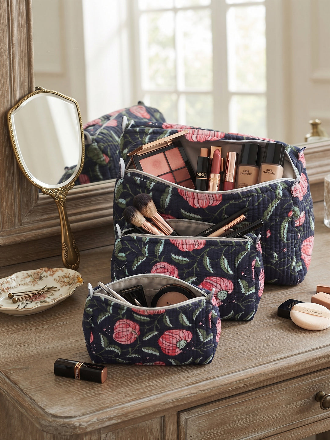 Quilted Hand-Block Printed Travel Organiser Set of 3 — Navy Rose- 100