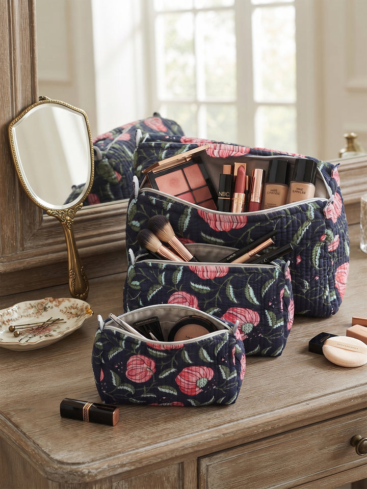 Quilted Hand-Block Printed Travel Organiser Set of 3 — Navy Rose- 100