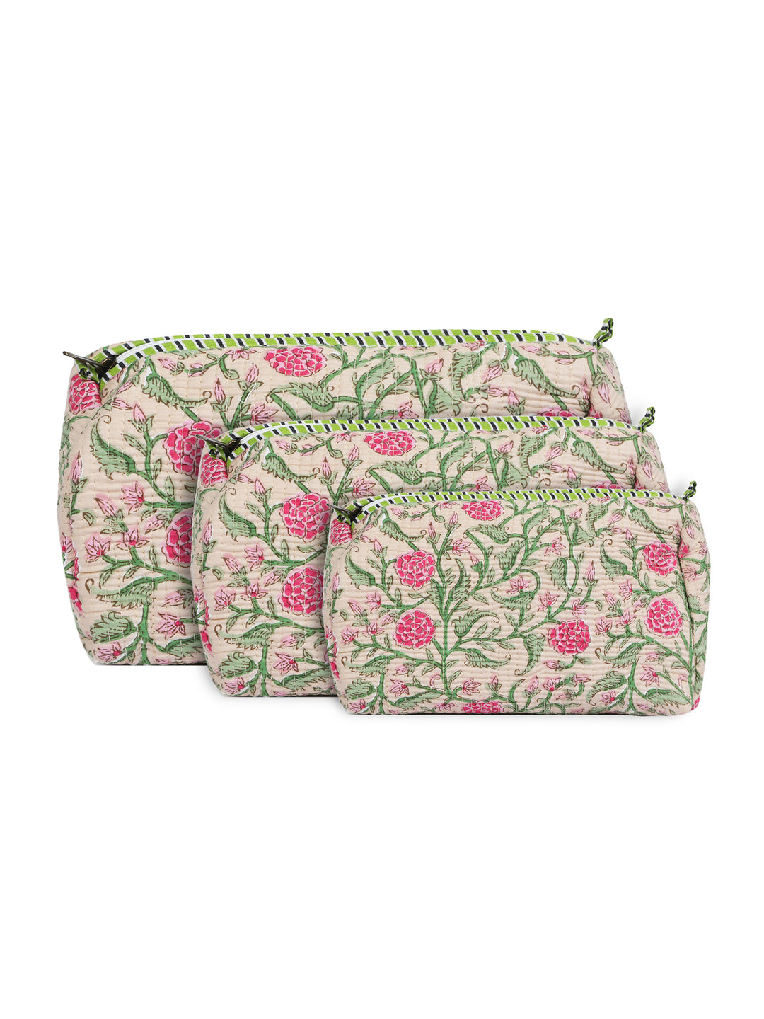 Quilted Hand-Block Printed Travel Organiser Set of 3 — Beige Floral- 101