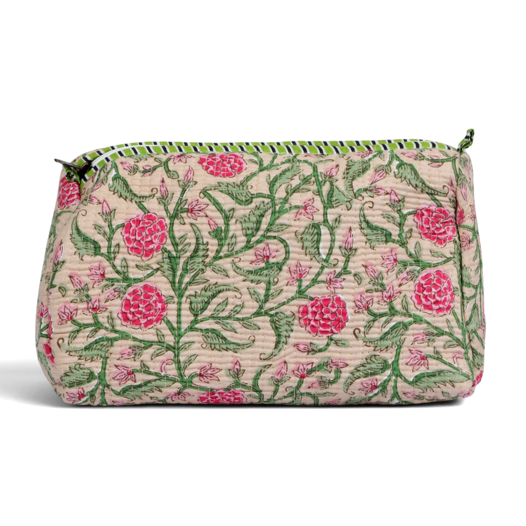 Quilted Hand-Block Printed Travel Organiser Set of 3 — Beige Floral- 101