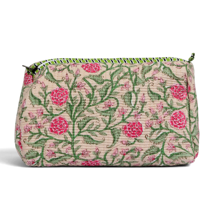 Quilted Hand-Block Printed Travel Organiser Set of 3 — Beige Floral- 101