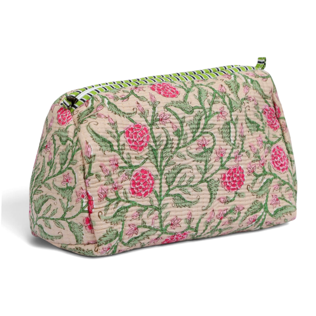 Quilted Hand-Block Printed Travel Organiser Set of 3 — Beige Floral- 101