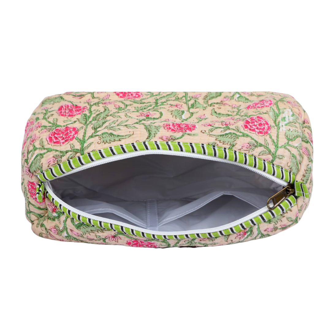 Quilted Hand-Block Printed Travel Organiser Set of 3 — Beige Floral- 101