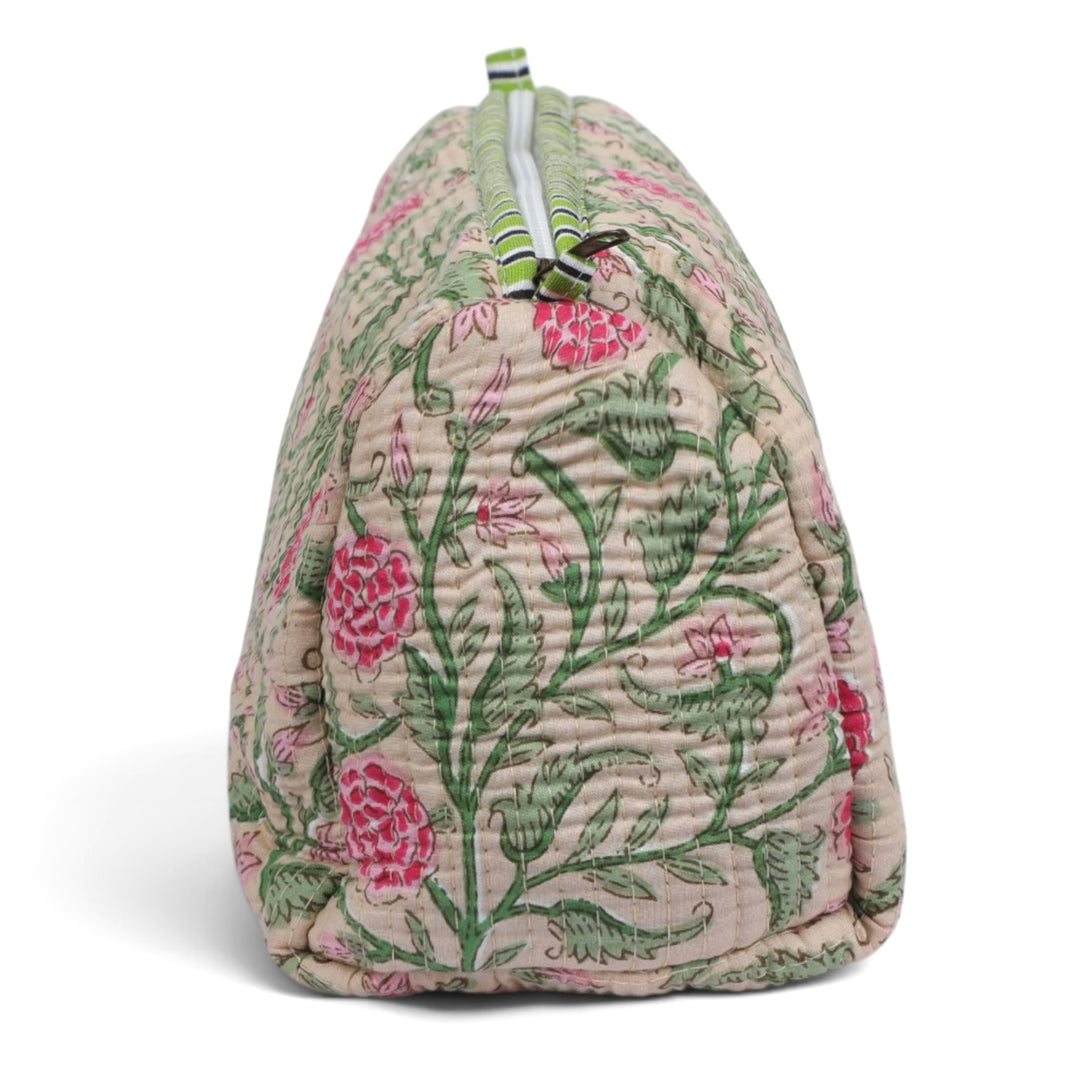 Quilted Hand-Block Printed Travel Organiser Set of 3 — Beige Floral- 101