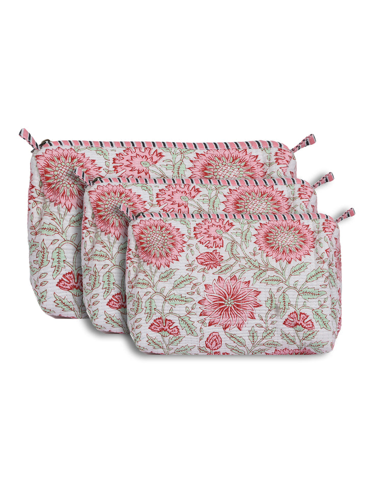 Quilted Hand-Block Printed Travel Organiser Set of 3 — White Dahlia- 102