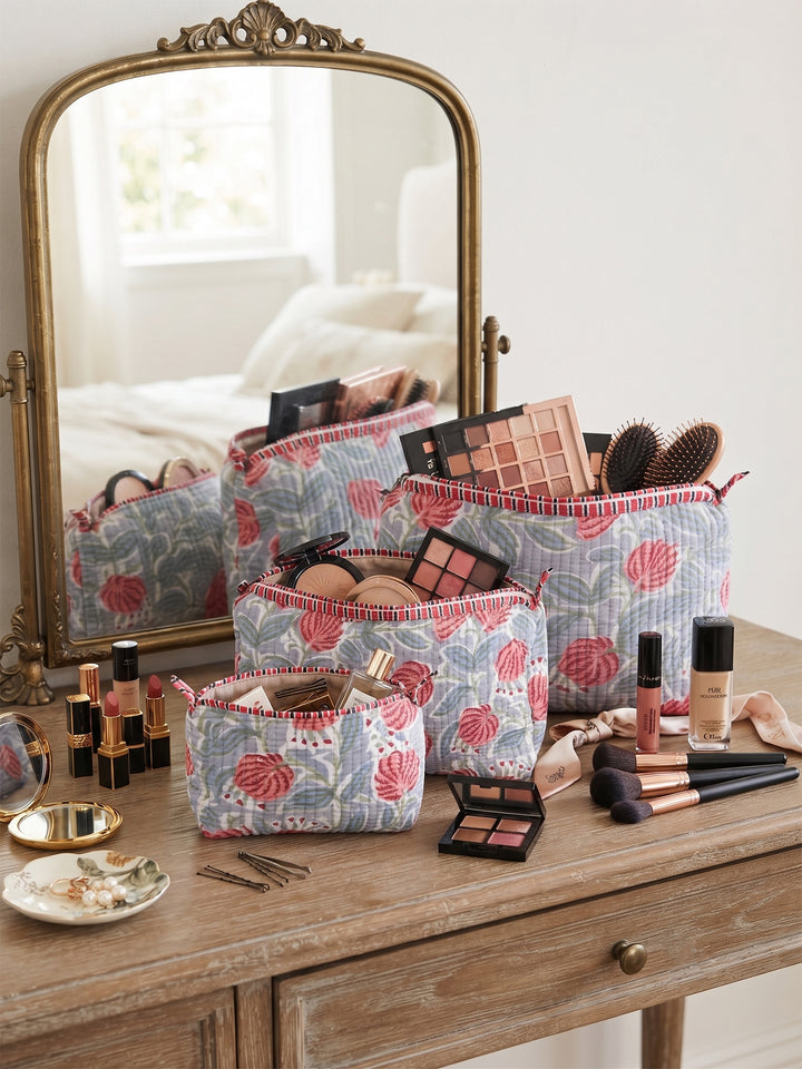 Quilted Hand-Block Printed Travel Organiser Set of 3 — White Dahlia- 102