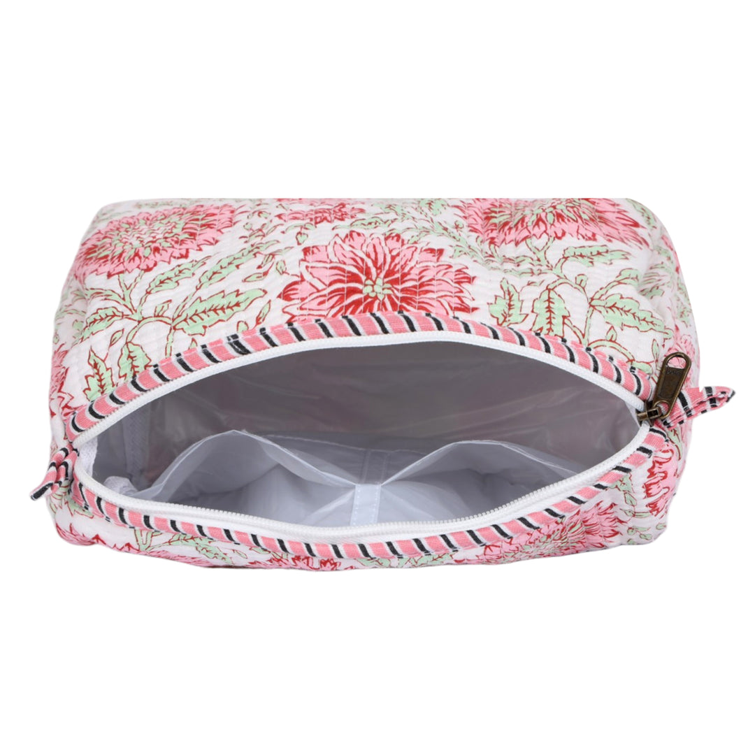 Quilted Hand-Block Printed Travel Organiser Set of 3 — White Dahlia- 102