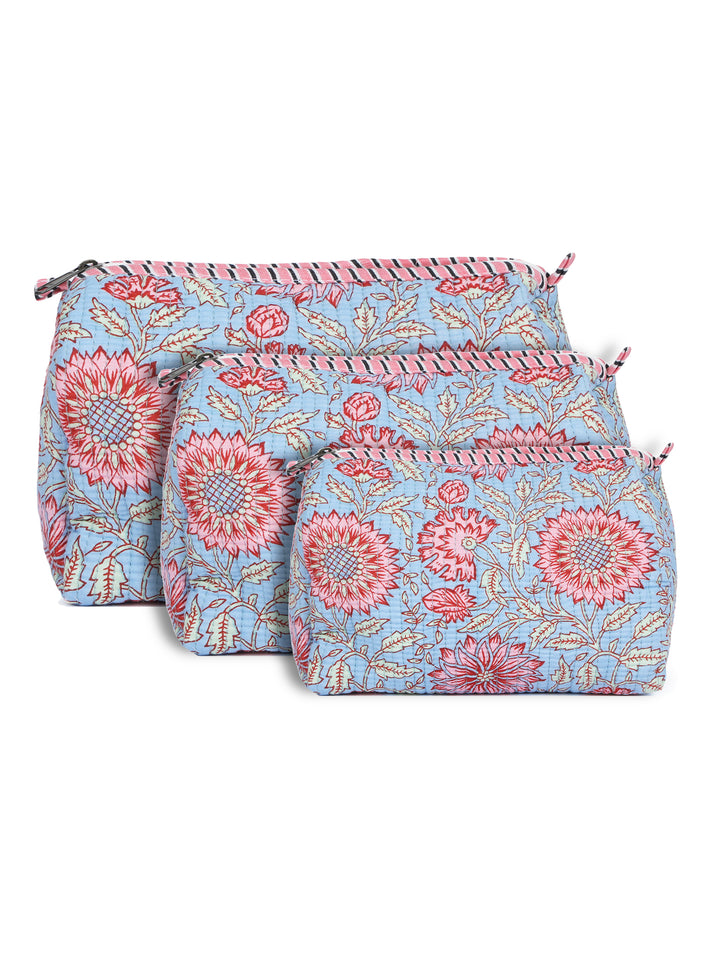 Quilted Hand-Block Printed Travel Organiser Set of 3 — Cornflower Blue- 103