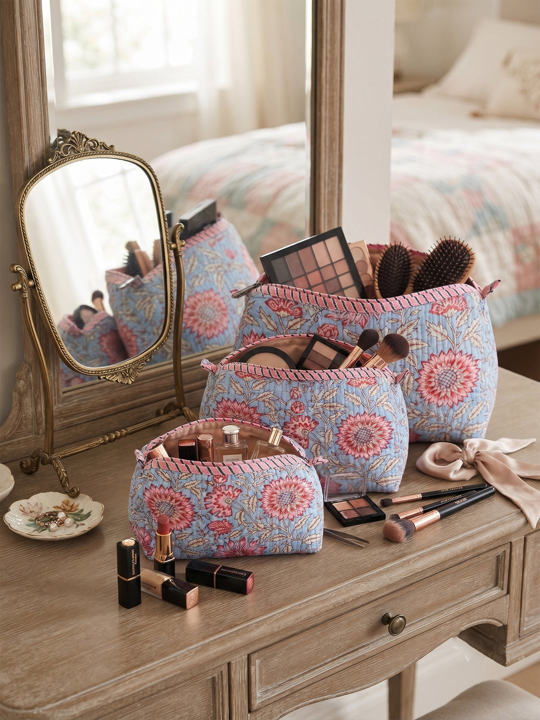 Quilted Hand-Block Printed Travel Organiser Set of 3 — Cornflower Blue- 103