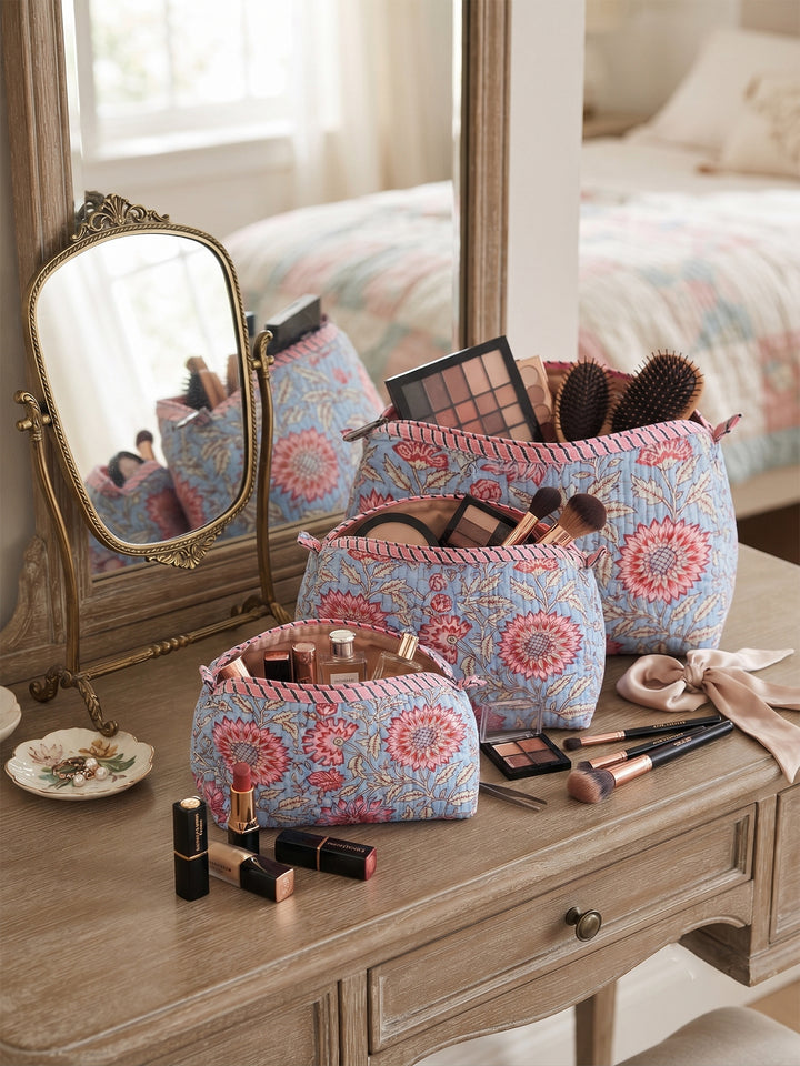 Quilted Hand-Block Printed Travel Organiser Set of 3 — Cornflower Blue- 103