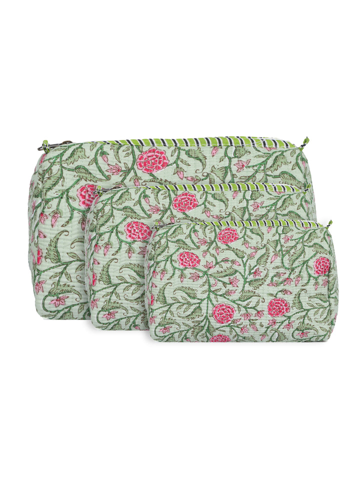 Quilted Hand-Block Printed Travel Organiser Set of 3 — Sage Green- 104