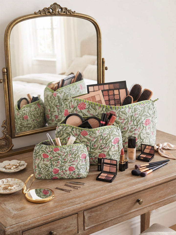 Quilted Hand-Block Printed Travel Organiser Set of 3 — Sage Green- 104