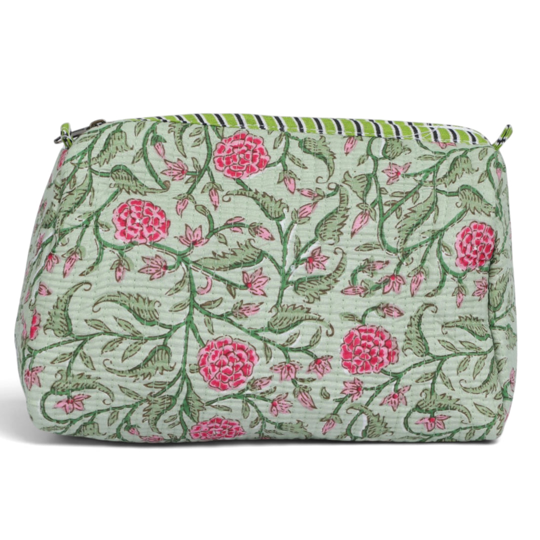 Quilted Hand-Block Printed Travel Organiser Set of 3 — Sage Green- 104