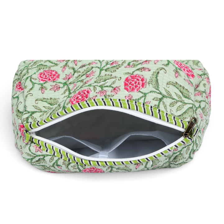 Quilted Hand-Block Printed Travel Organiser Set of 3 — Sage Green- 104