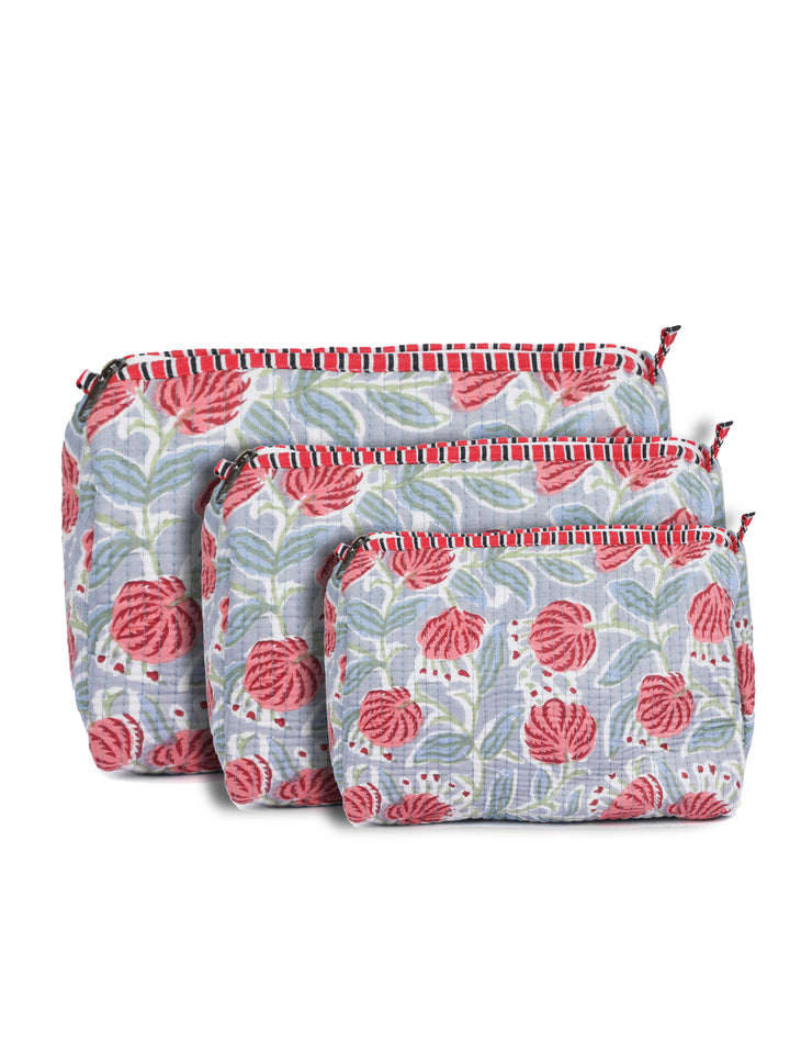 Quilted Hand-Block Printed Travel Organiser Set of 3 — Grey Rose- 105