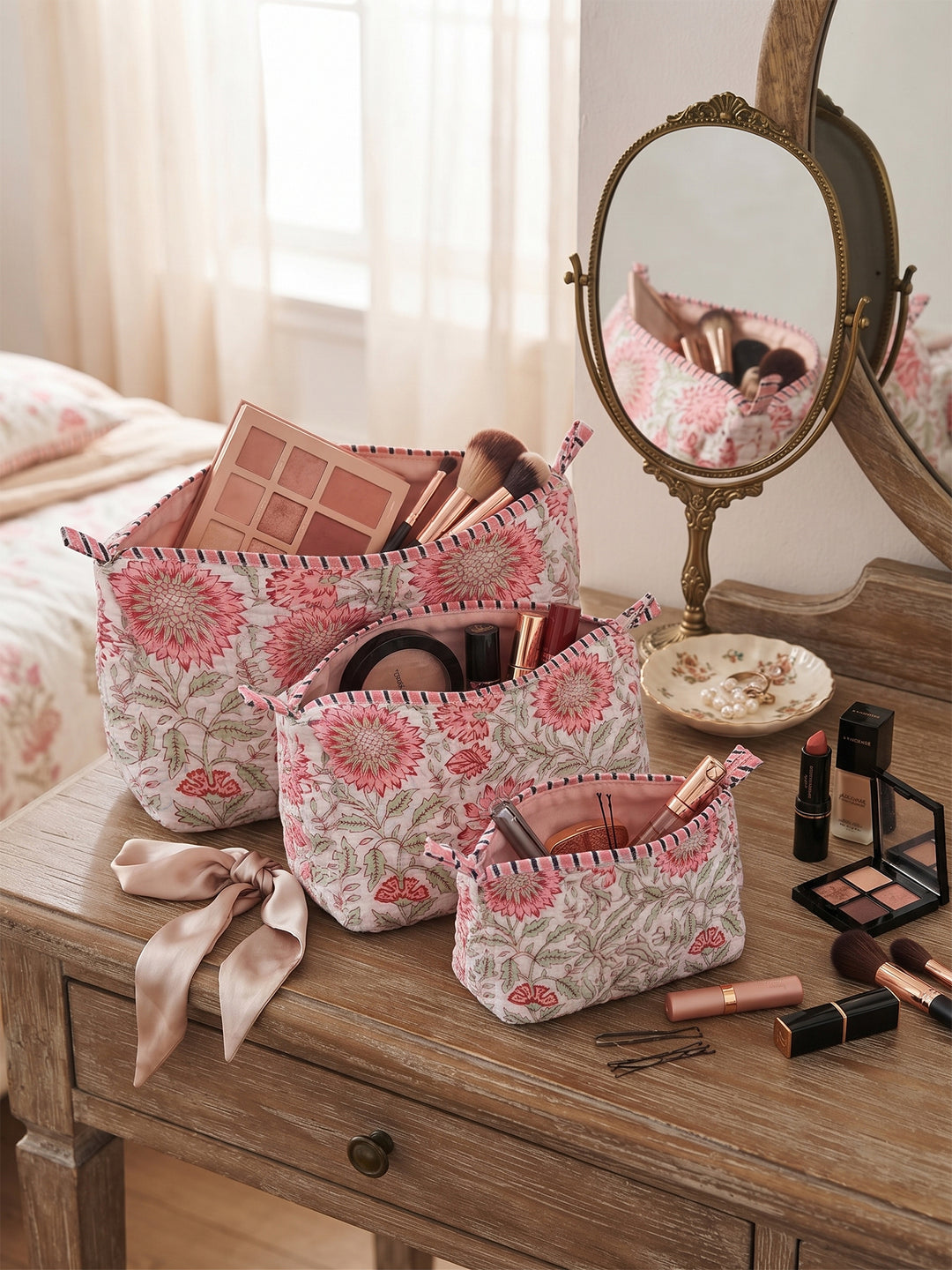 Quilted Hand-Block Printed Travel Organiser Set of 3 — Grey Rose- 105