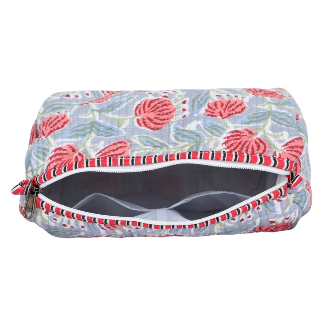 Quilted Hand-Block Printed Travel Organiser Set of 3 — Grey Rose- 105
