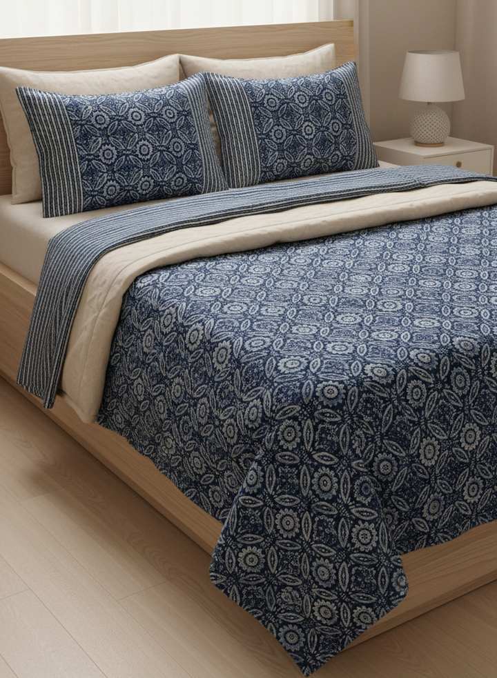 Gulnaar Royale Elite Queen Size (90 x 108 Inches) Bedsheet (Indigo)- 109