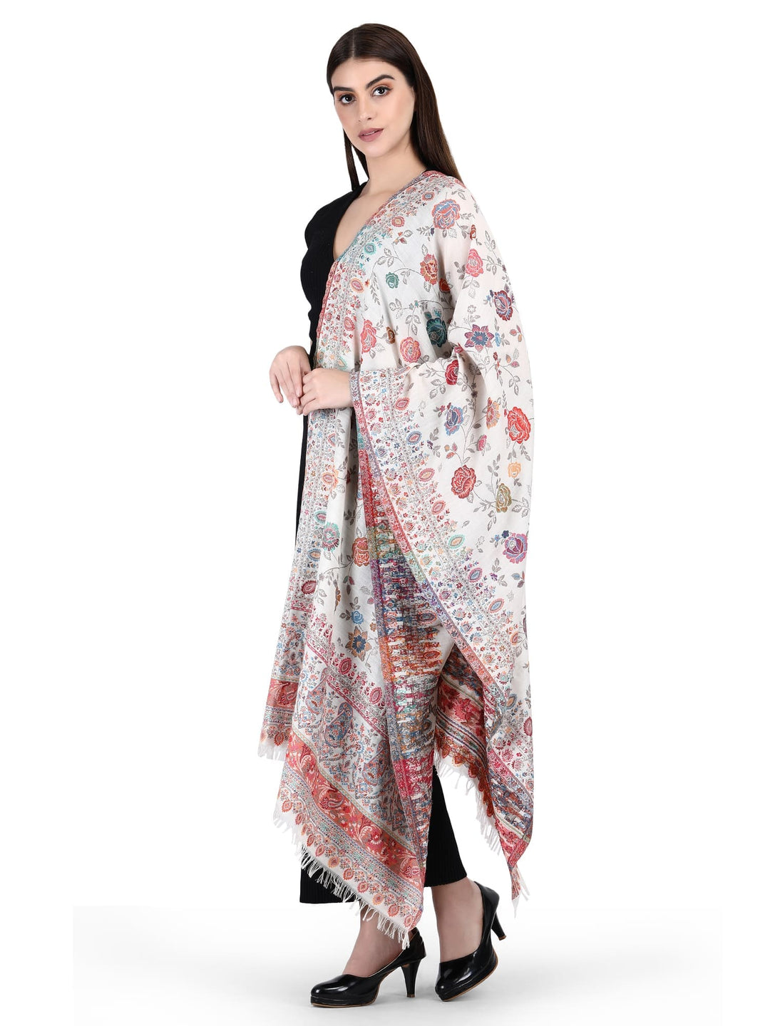 Woven 100% Fine Wool Shawl - White Kani