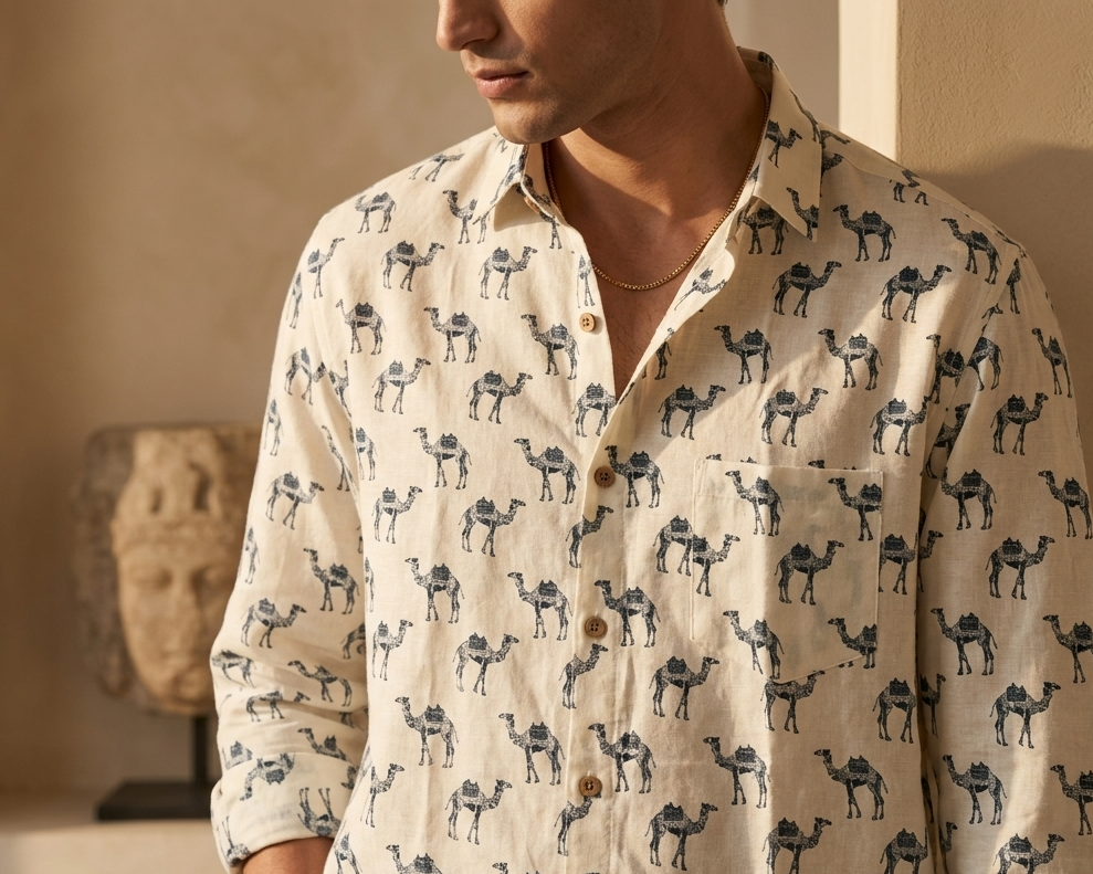 Off White Handblock Printed 100% Cotton Shirt For Men – Regular Fit - 107