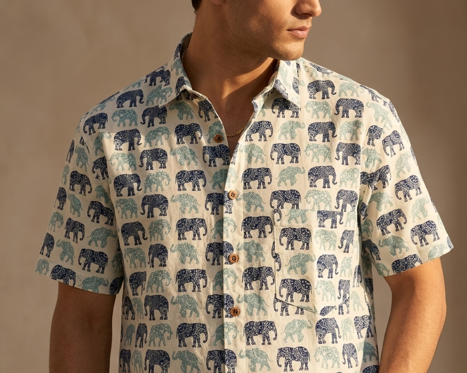 White Handblock Printed 100% Cotton Shirt For Men – Regular Fit - 108