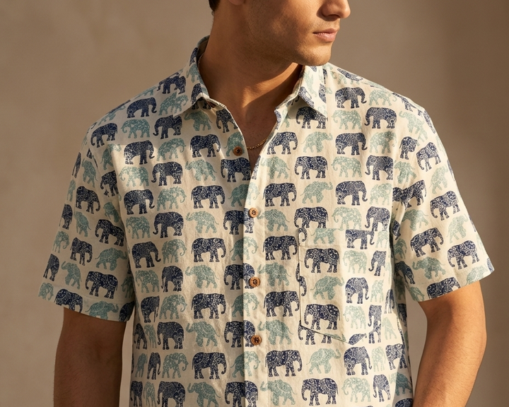 White Handblock Printed 100% Cotton Shirt For Men – Regular Fit - 108