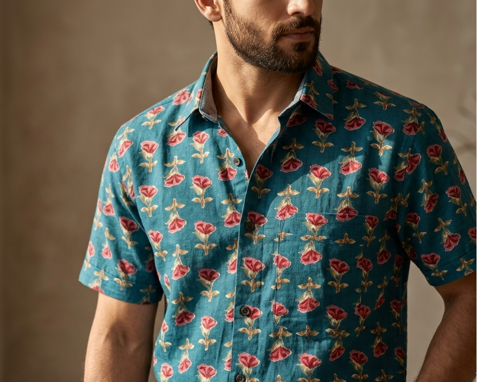 Blue Handblock Printed 100% Cotton Shirt For Men – Regular Fit - 109