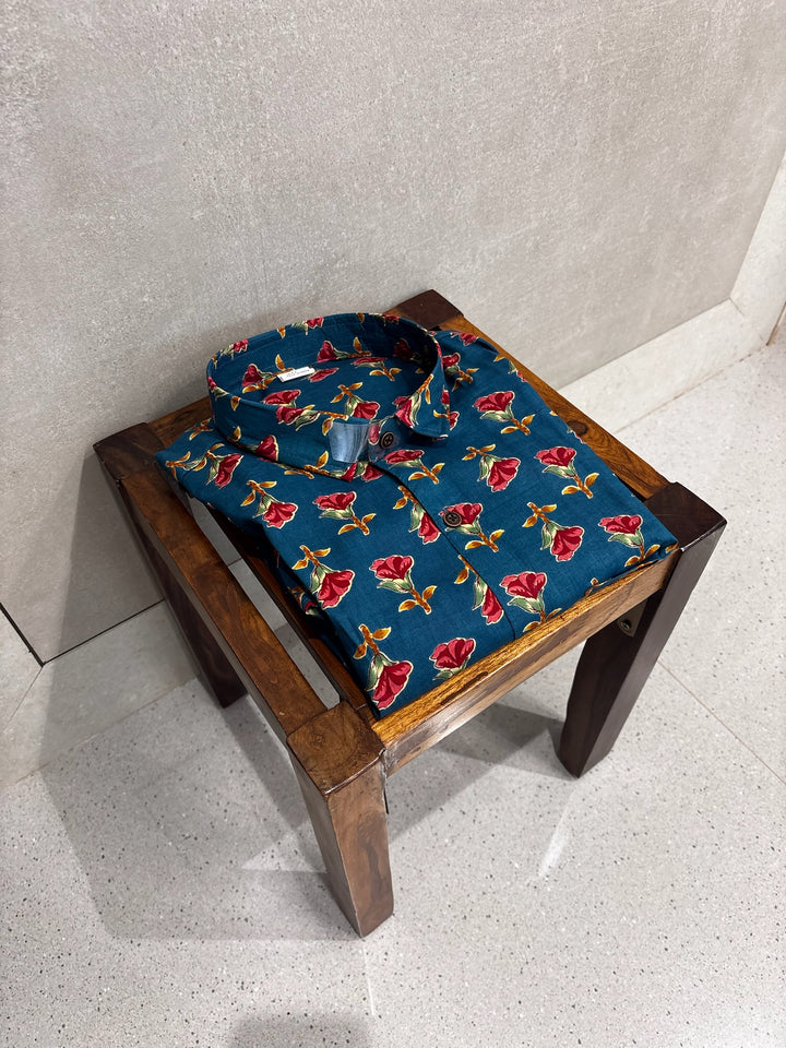 Blue Handblock Printed 100% Cotton Shirt For Men – Regular Fit - 109